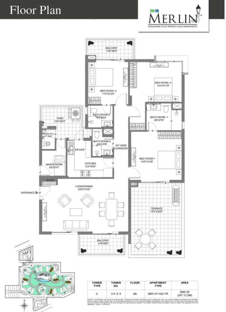 M3M Merlin 3 BHK + 3T + SQ + Terrace floor plan