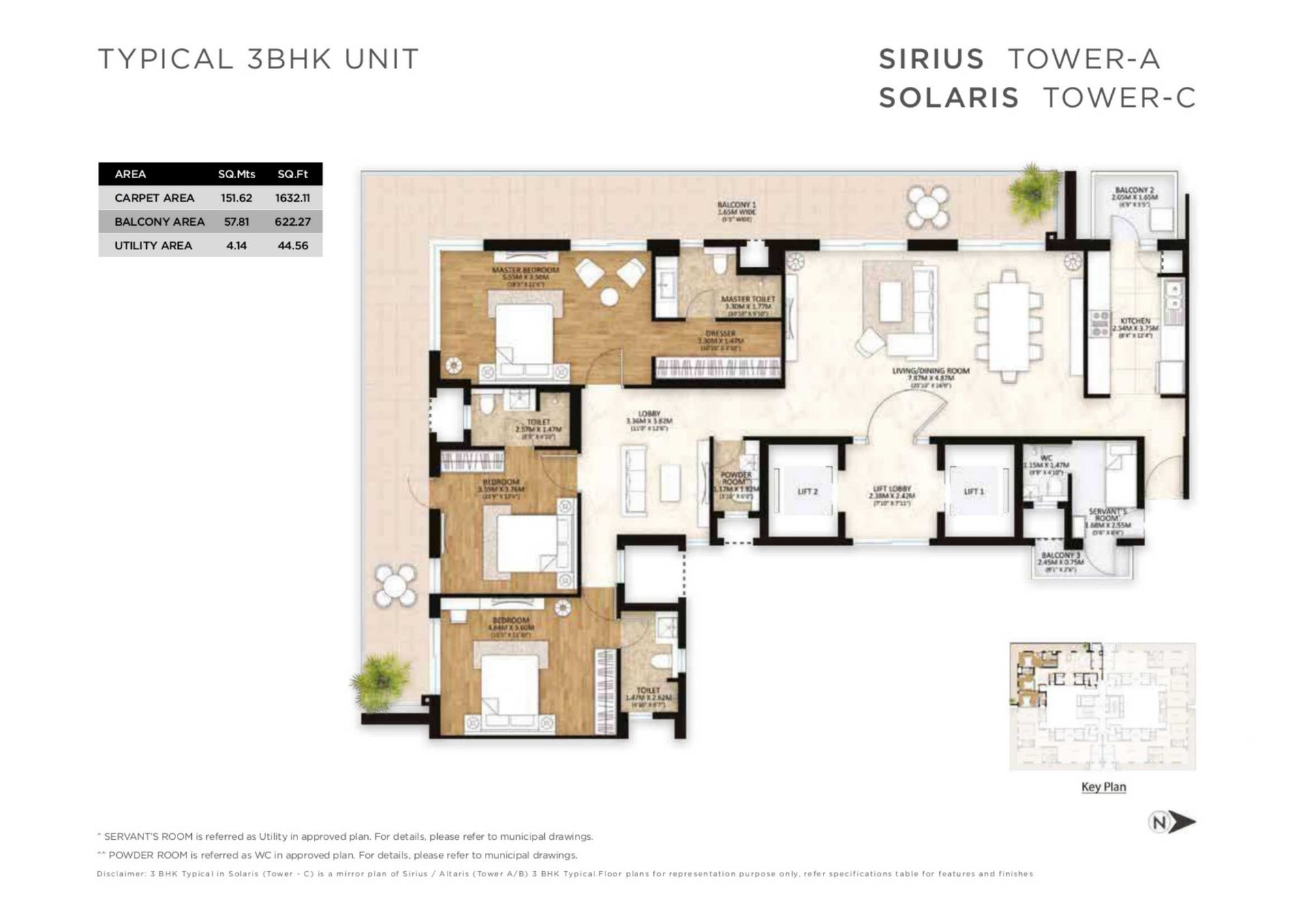 Mahindra Luminare Typical 3 BHK - Sirius (Tower A) and Solaris (Tower C) floor plan