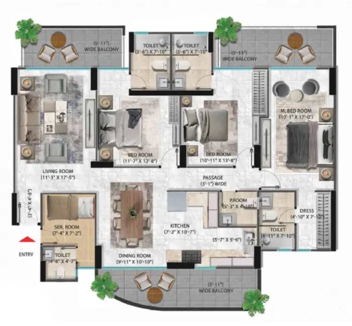 Pareena Coban Residences 3 BHK + Servant - carpet (Tower 4) floor plan