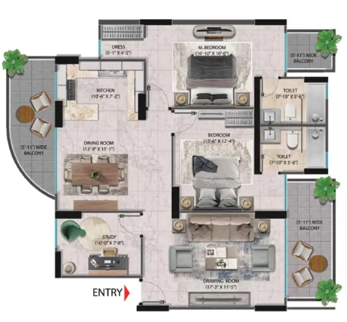 Pareena Coban Residences 2 BHK + Study - carpet (Tower 7) floor plan