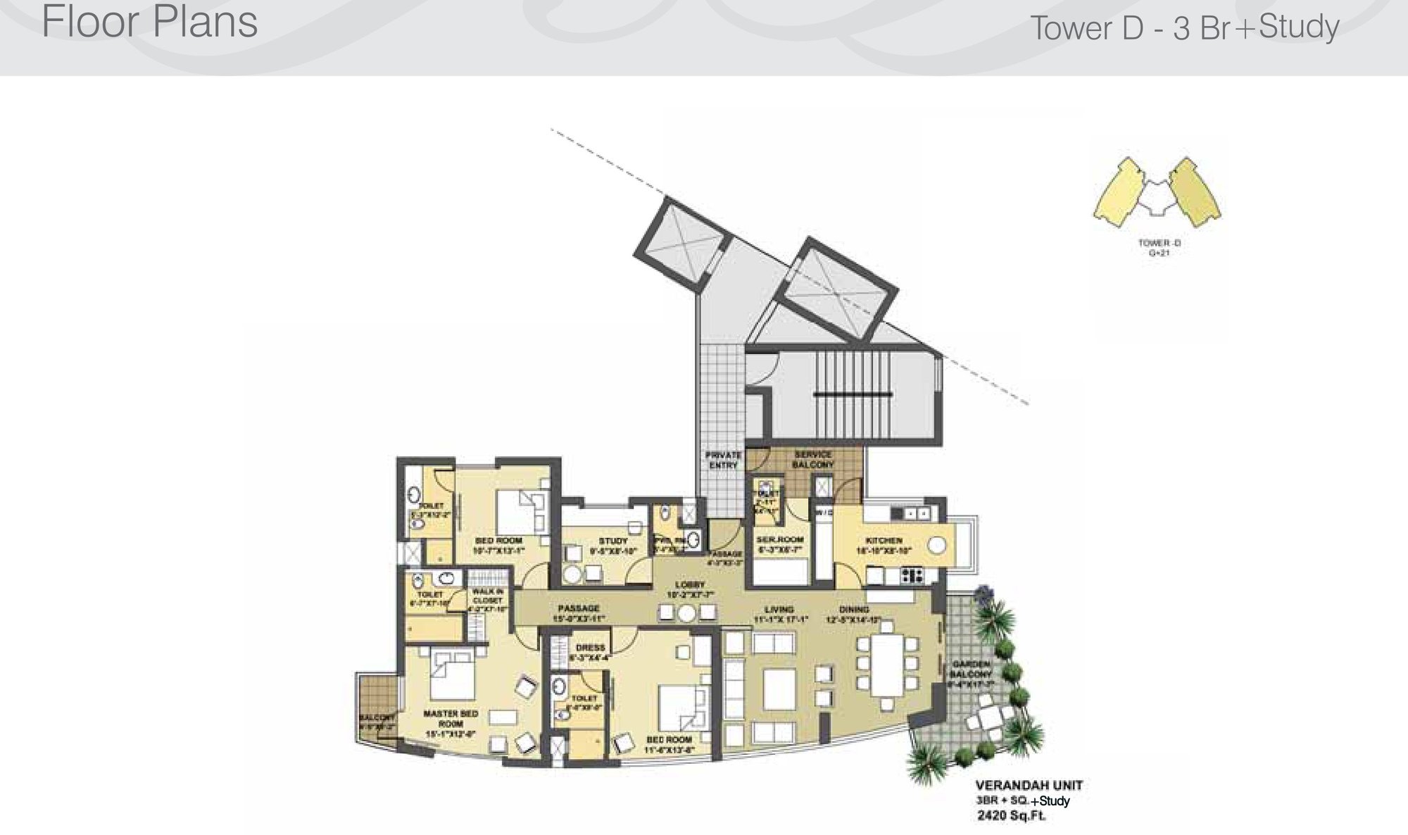 Pioneer Presidia Tower D - 3 BHK + Study + SQ floor plan