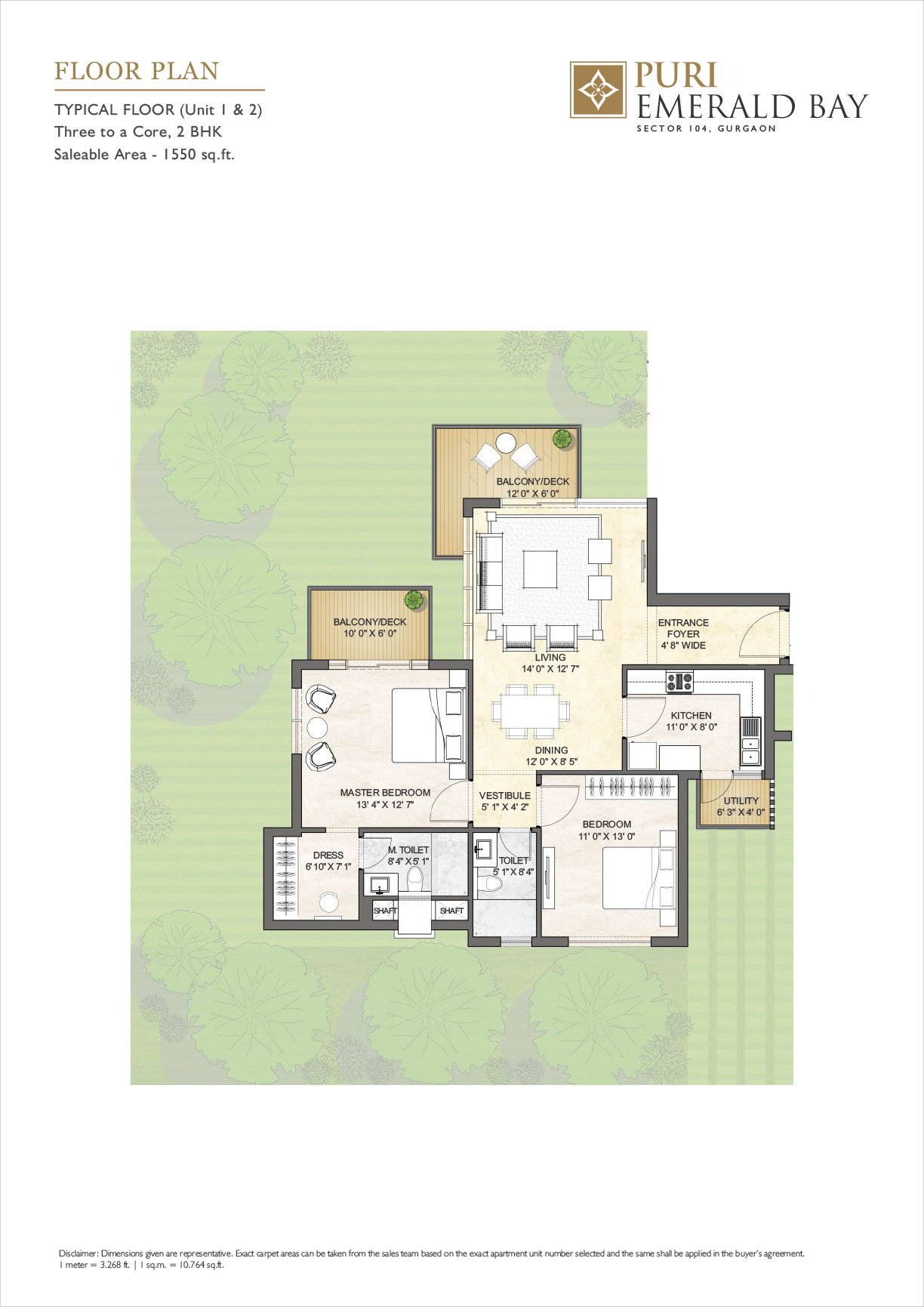 Puri Emerald Bay 2 BHK - saleable floor plan