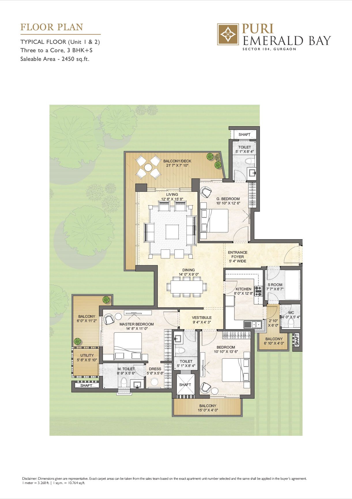 Puri Emerald Bay 3 BHK + Servant - saleable floor plan