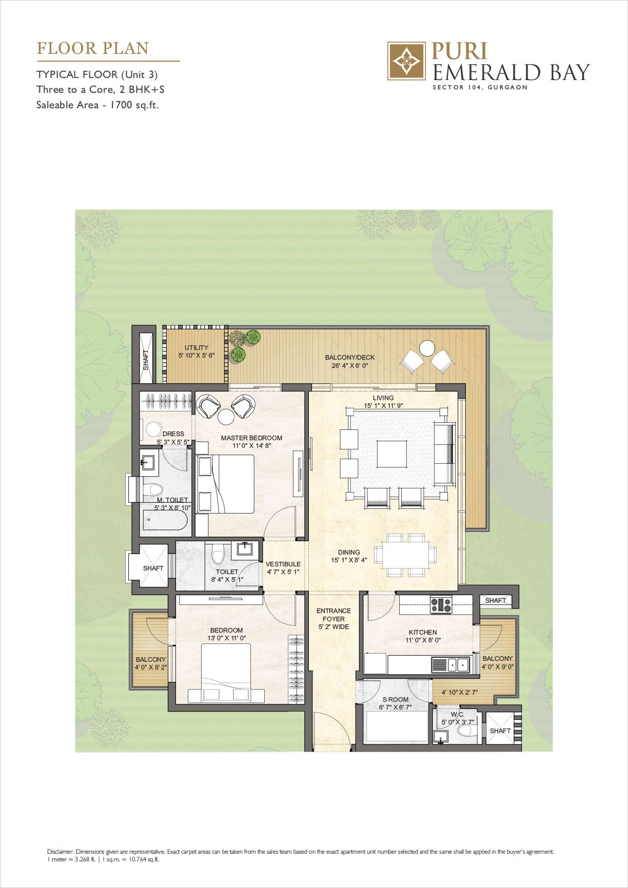 Puri Emerald Bay 2 BHK + Study - saleable floor plan
