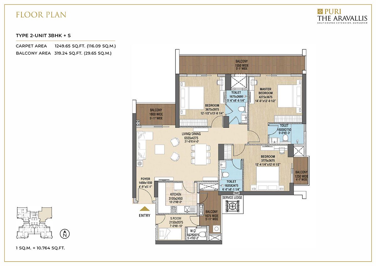 Puri The Aravallis 3 BHK + S (Type 2) - carpet floor plan