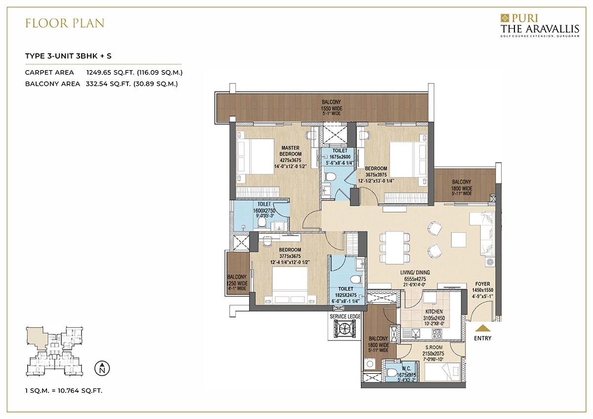 Puri The Aravallis 3 BHK + S (Type 3) - carpet floor plan