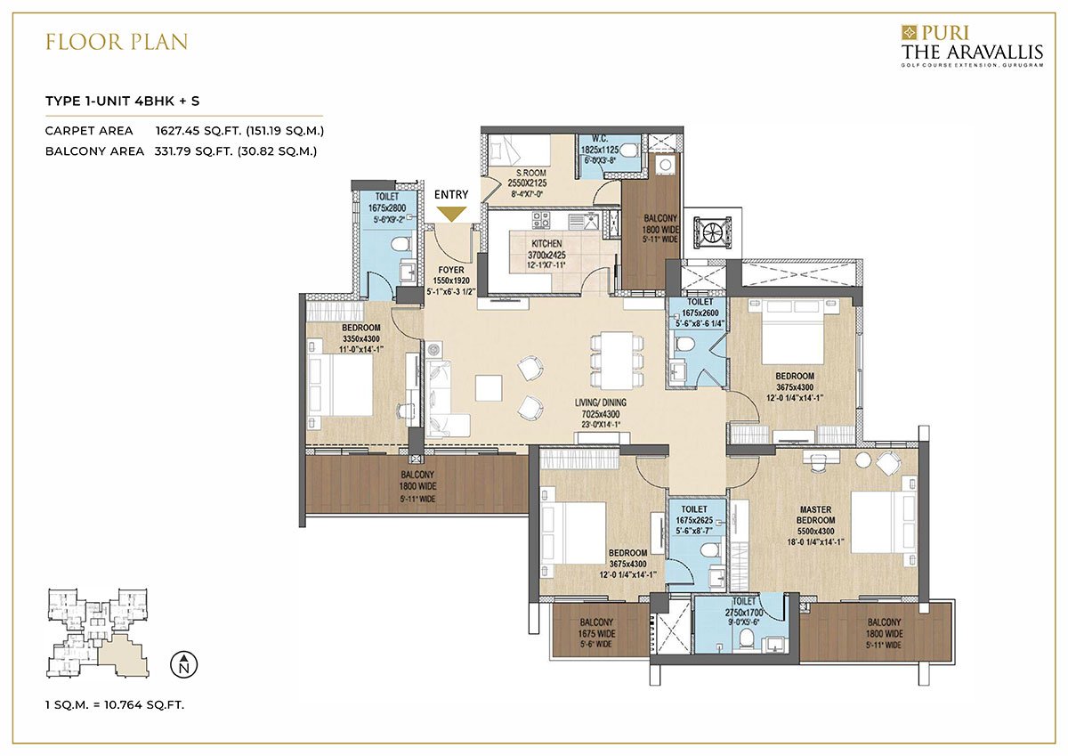 Puri The Aravallis 4 BHK + S - carpet floor plan