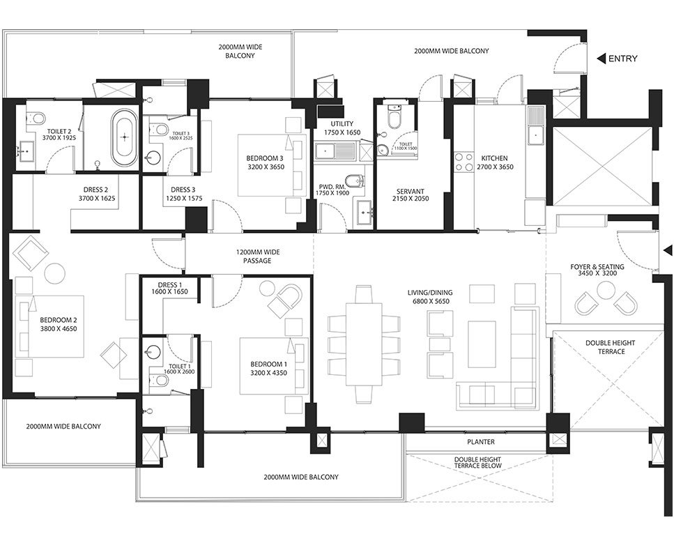 Risland Sky Mansion 3 BHK Type B - carpet / 3,255 sq.ft super floor plan