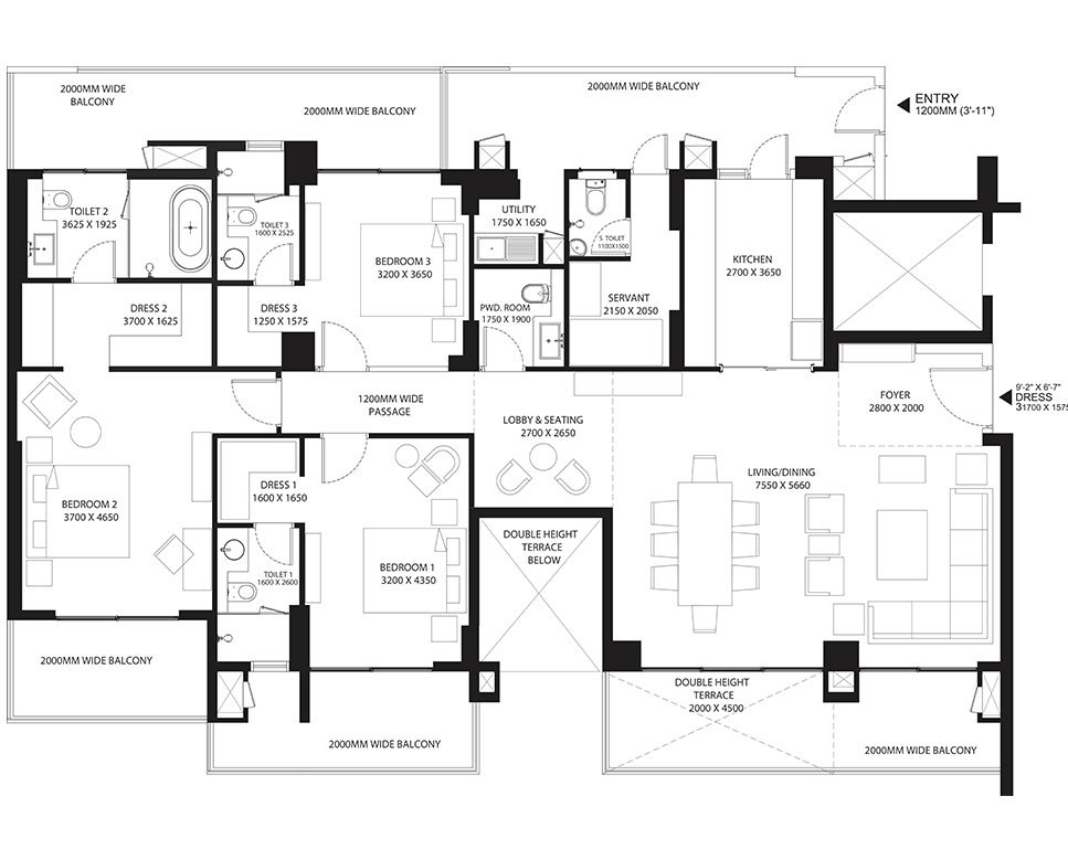 Risland Sky Mansion 3 BHK Type A - carpet / 3,284 sq.ft super floor plan