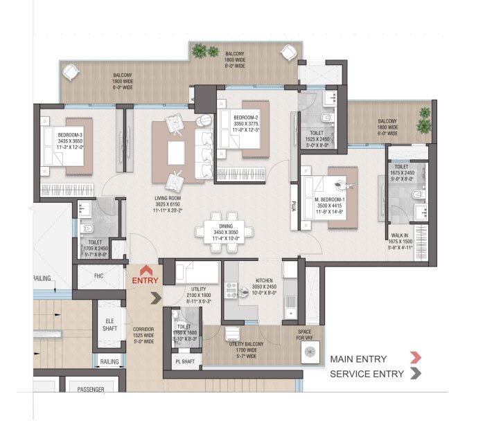 Satya Levante Residences 3 BHK + Utility - total area floor plan