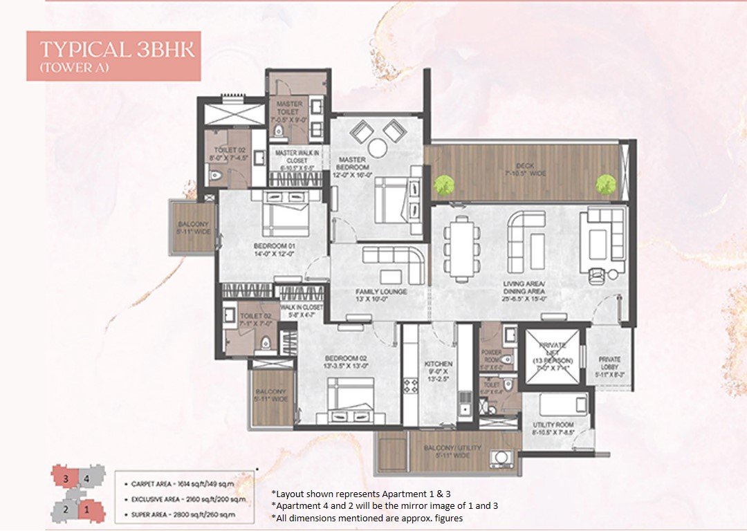 Silverglades The Legacy 3 BHK + Family + Powder + Utility - super floor plan