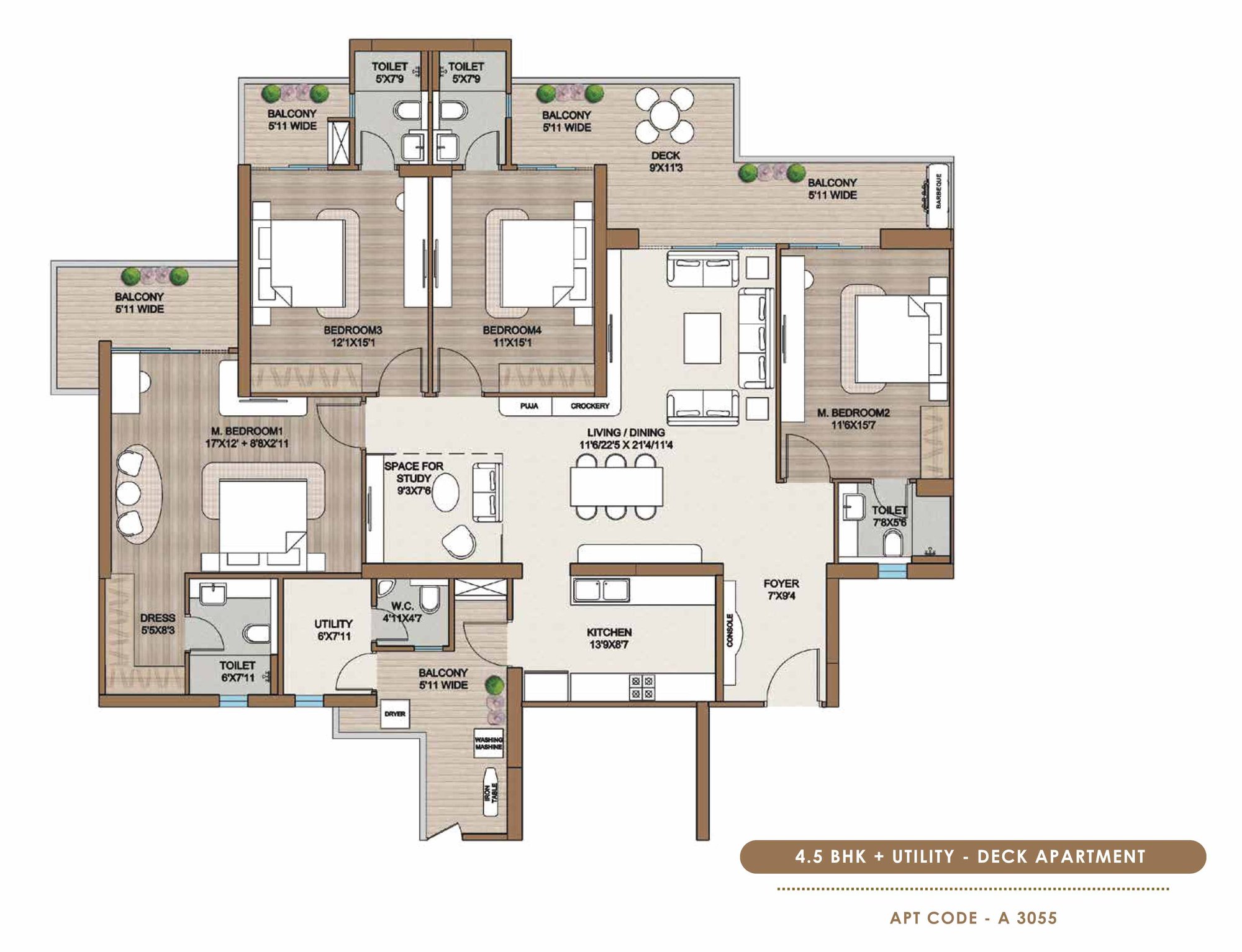 Smartworld One DXP 4.5 BHK + Utility - Deck (Apt code A 3055) floor plan