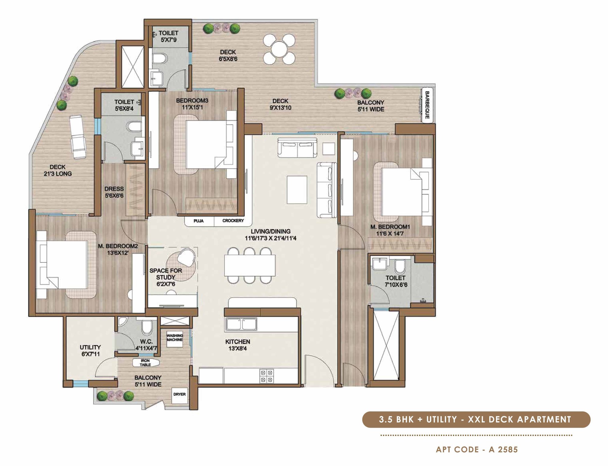Smartworld One DXP 3.5 BHK + Utility - XXL Deck (Apt code A 2585) floor plan