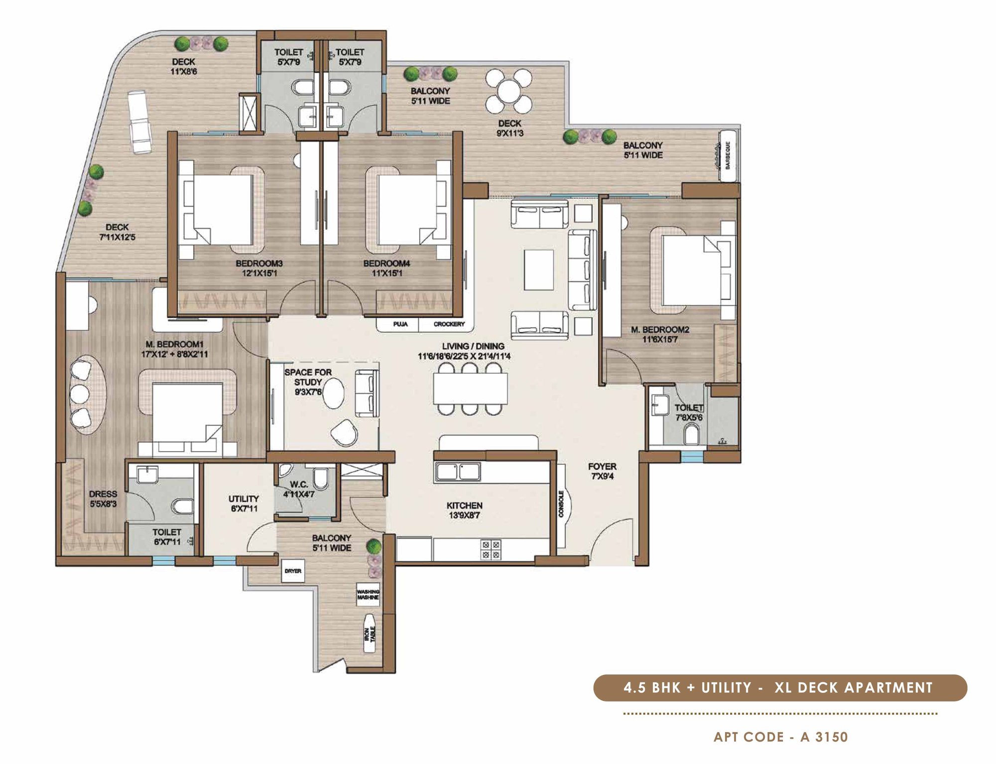 Smartworld One DXP 4.5 BHK + Utility - XL Deck (Apt code A 3150) floor plan