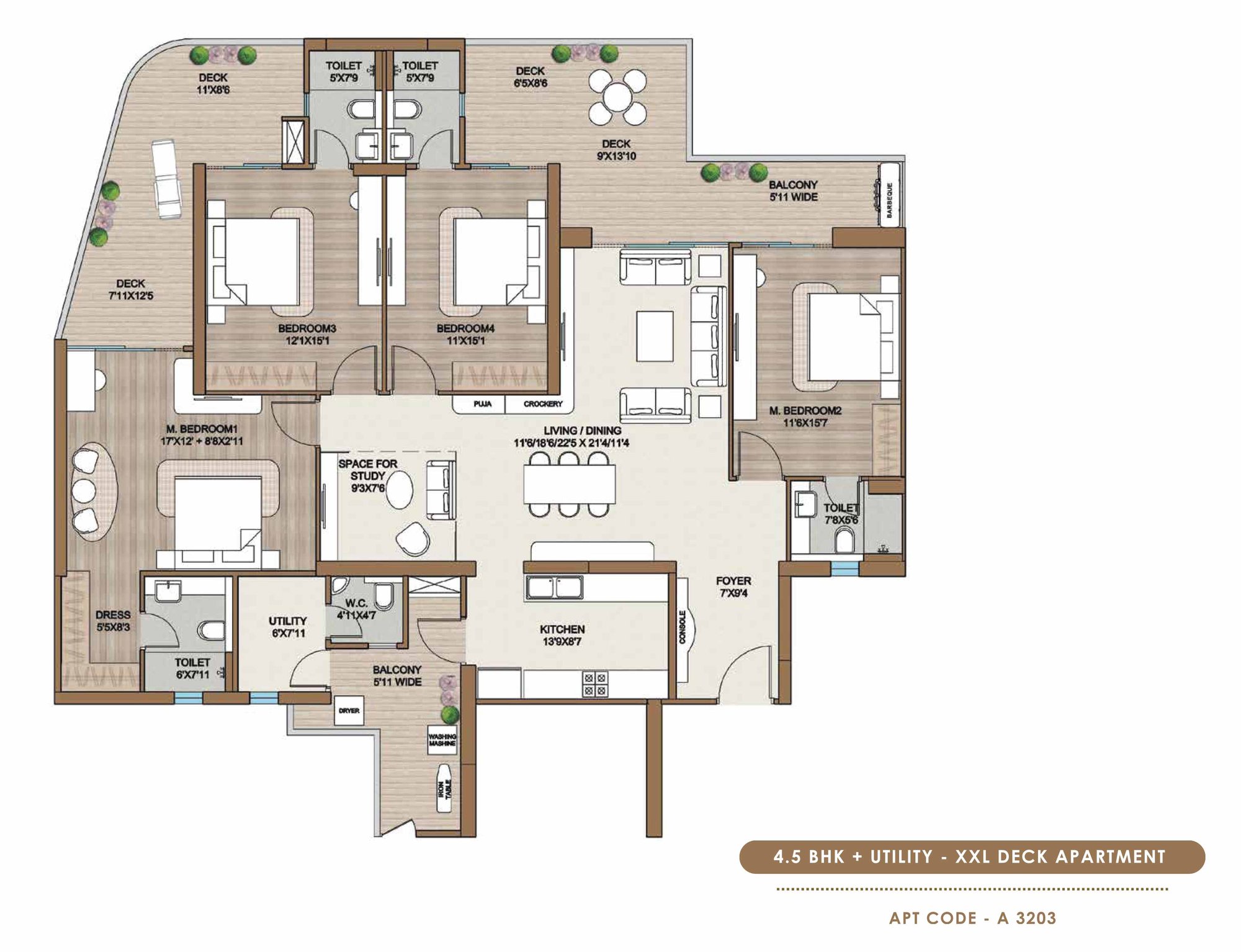 Smartworld One DXP 4.5 BHK + Utility - XXL Deck (Apt code A 3203) floor plan