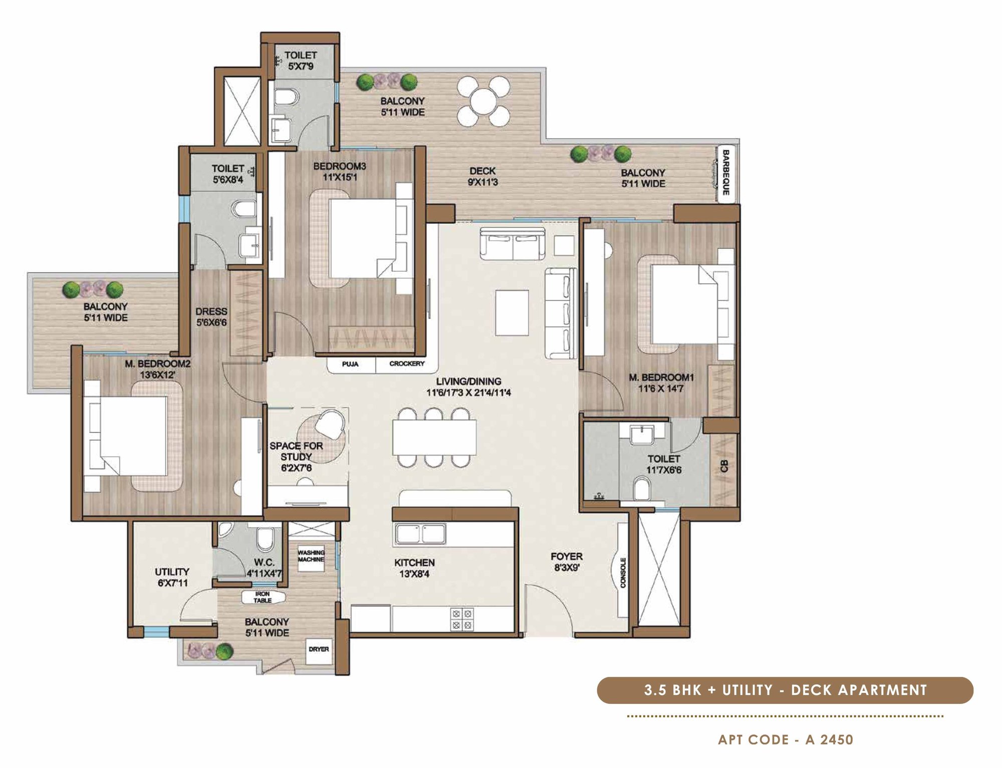 Smartworld One DXP 3.5 BHK + Utility - Deck (Apt code A 2450) floor plan