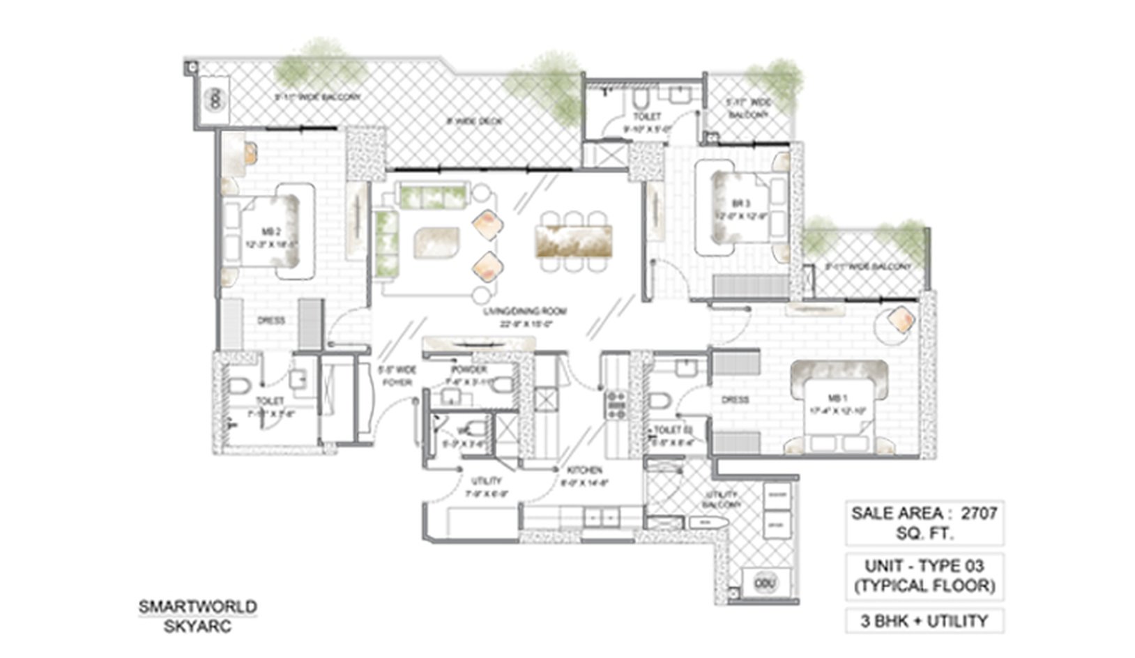 Smartworld Sky Arc 3 BHK + Utility - super (Type 03) floor plan
