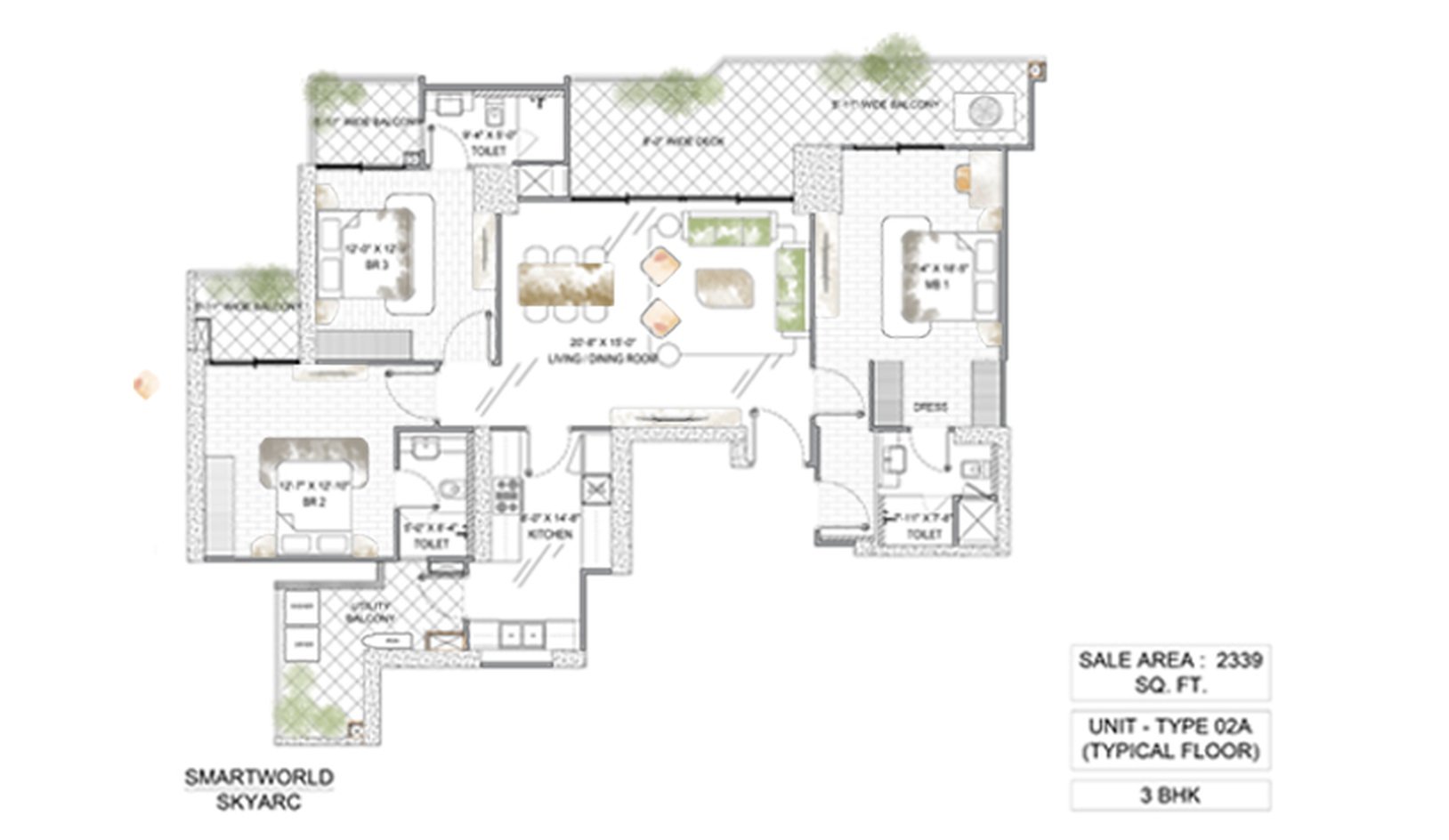 Smartworld Sky Arc 3 BHK - super (Type 02A) floor plan