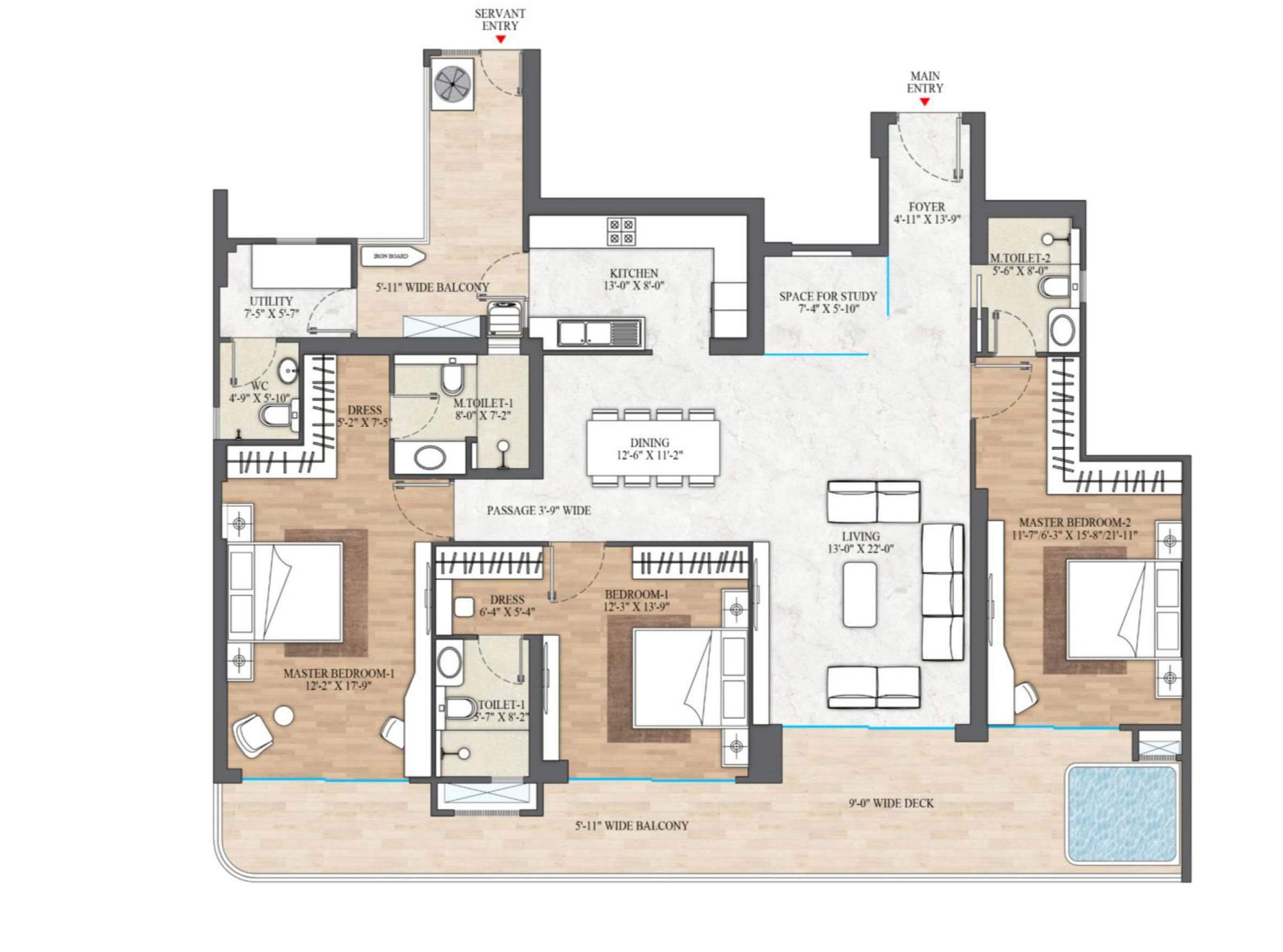 Smartworld The Edition Type A1 - 3 BHK + Study + Utility floor plan