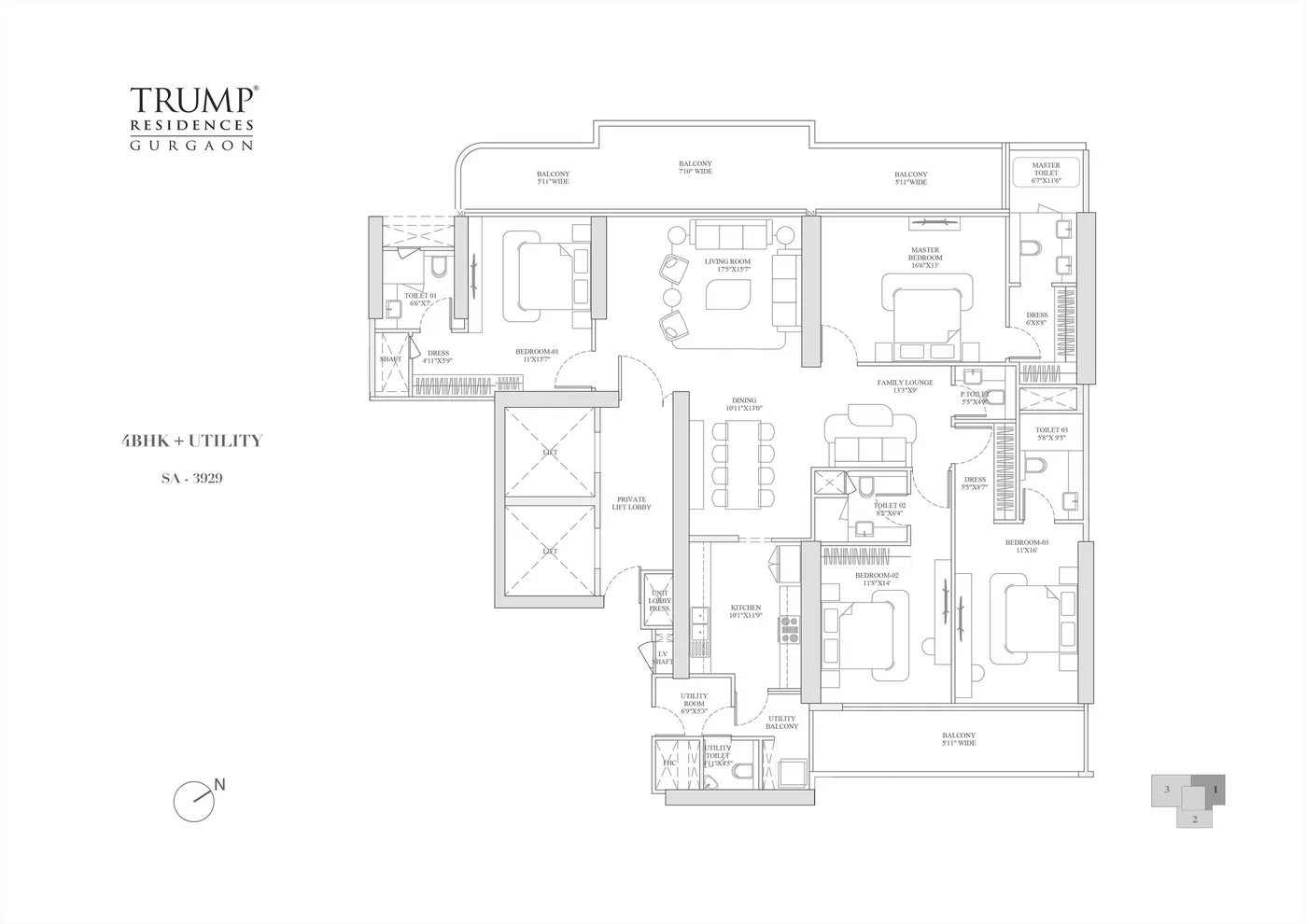Trump Residences Gurgaon 4 BHK + Utility - super floor plan
