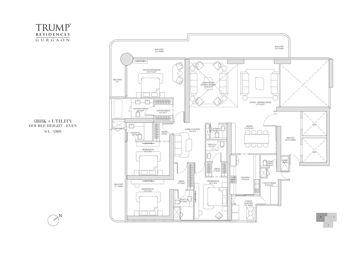 Trump Residences Gurgaon 4 BHK + Utility, Double Height (Even) - super floor plan