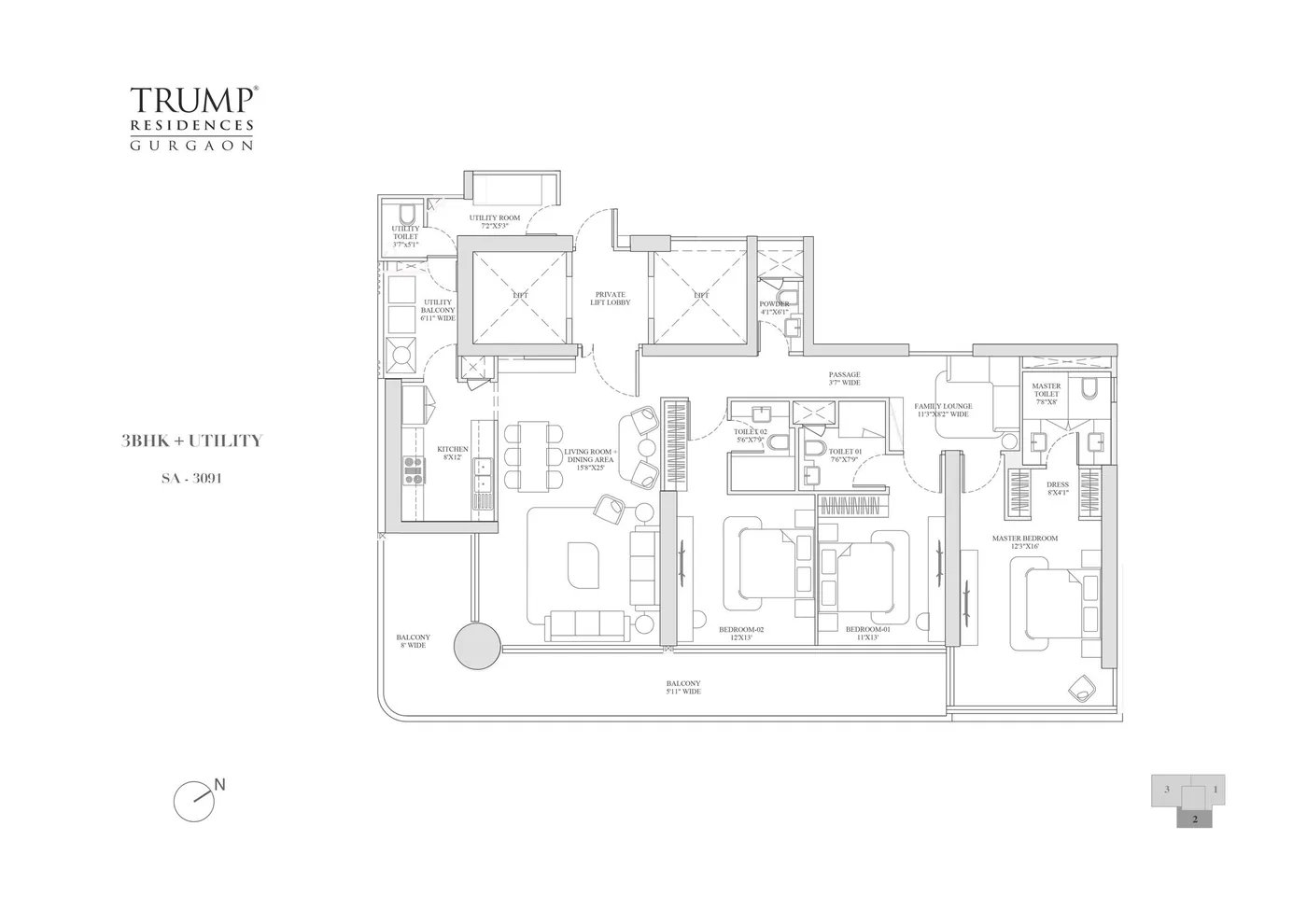 Trump Residences Gurgaon 3 BHK + Utility - super floor plan
