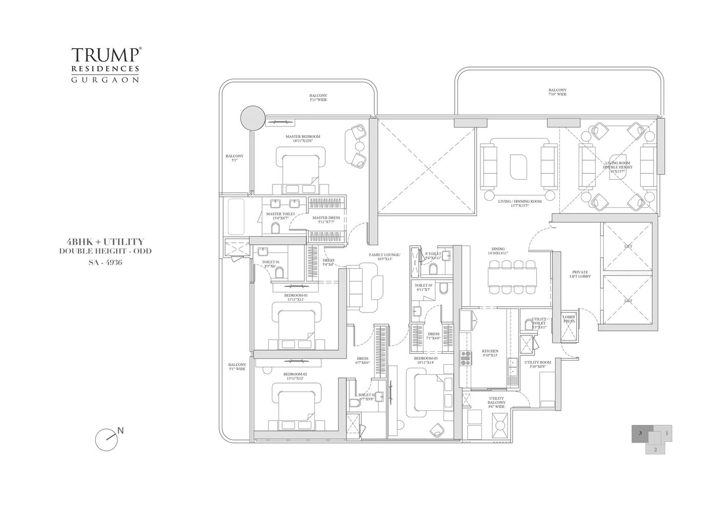 Trump Residences Gurgaon 4 BHK + Utility, Double Height (Odd) - super floor plan