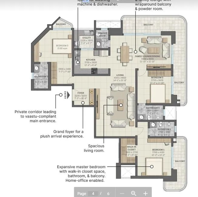 Sobha Altus 4 bed layout: 3 bedrooms + utility room, family lounge and wraparound balcony floor plan