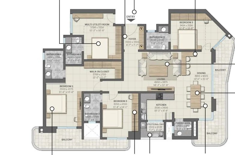 Sobha Altus 4 bed layout: 3 bedrooms + multi-utility room, walk-in closet and powder room floor plan