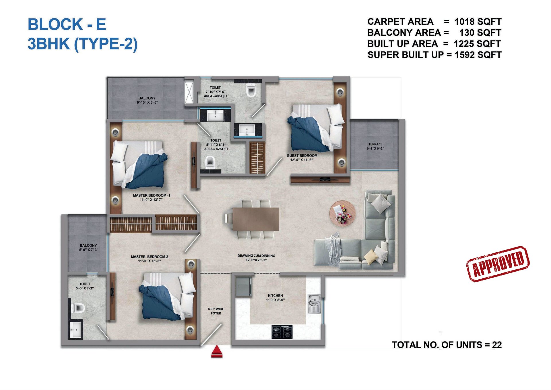 Tara Devi's Enclave Phase 1 3 BHK Type 2, Block E: super (1,018 sq ft carpet) floor plan