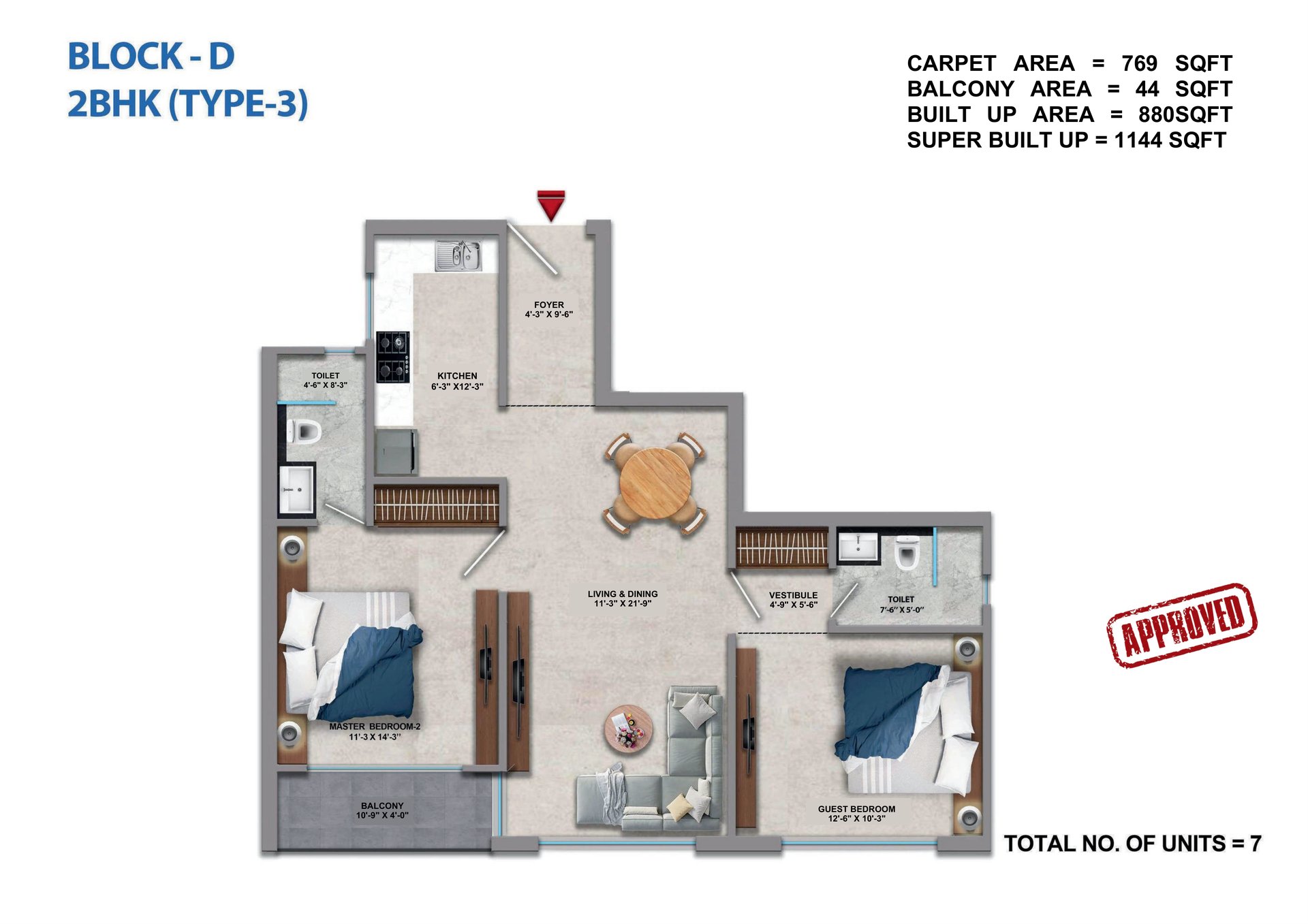 Tara Devi's Enclave Phase 1 2 BHK Type 3, Block D: super (769 sq ft carpet) floor plan