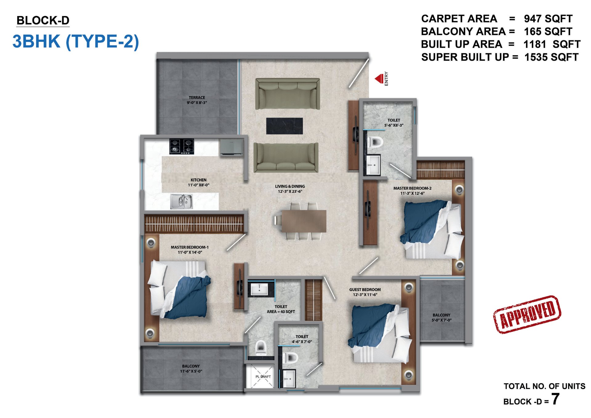 Tara Devi's Enclave Phase 1 3 BHK Type 2, Block D: super (947 sq ft carpet) floor plan