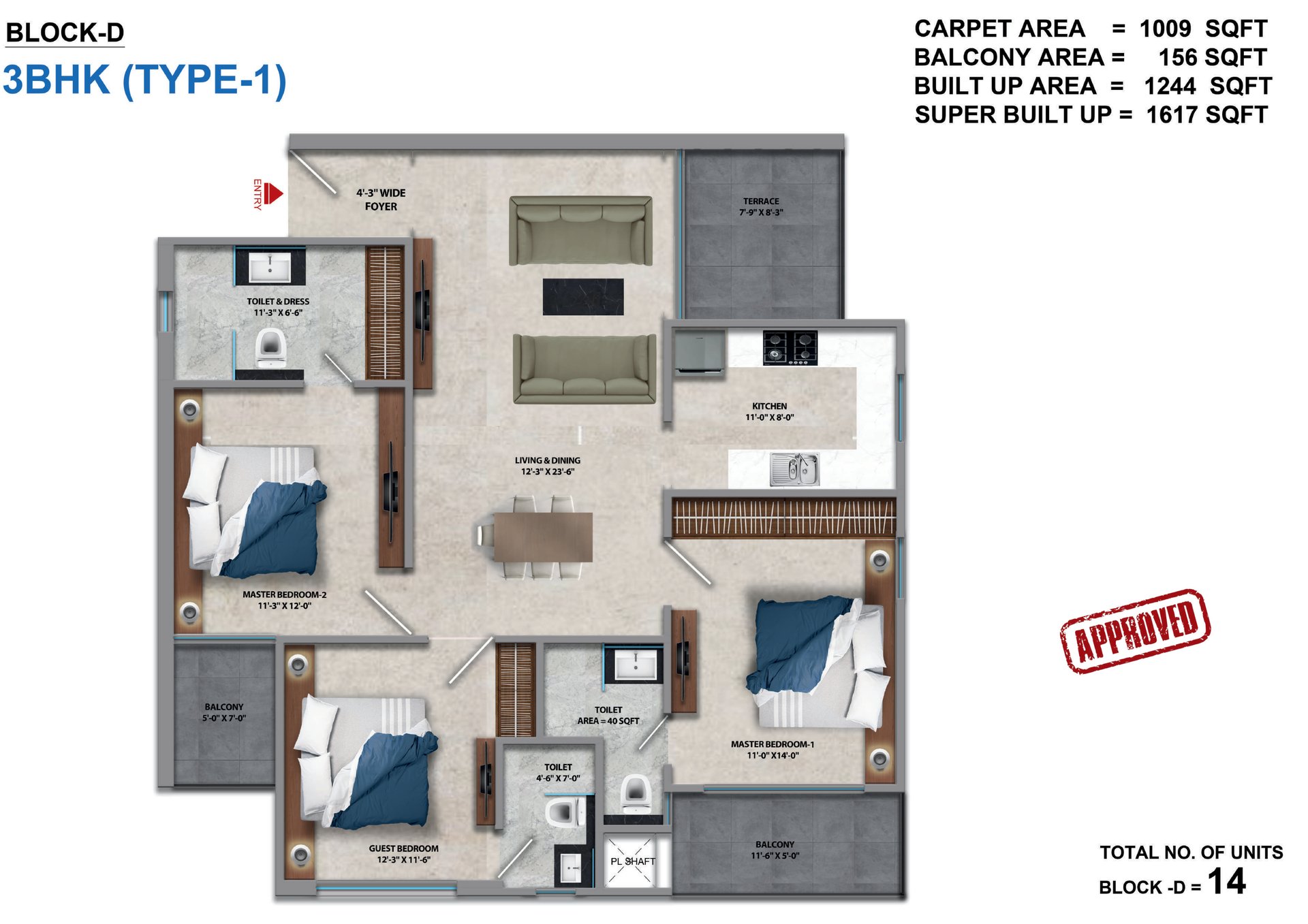 Tara Devi's Enclave Phase 1 3 BHK Type 1, Block D: super (1,009 sq ft carpet) floor plan