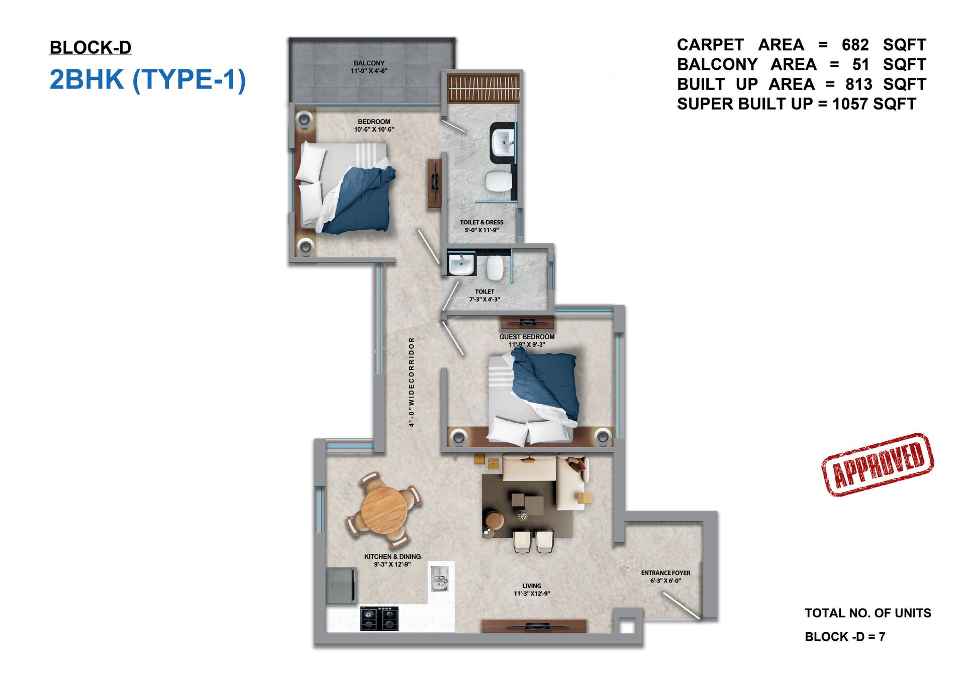 Tara Devi's Enclave Phase 1 2 BHK Type 1, Block D: super (682 sq ft carpet) floor plan
