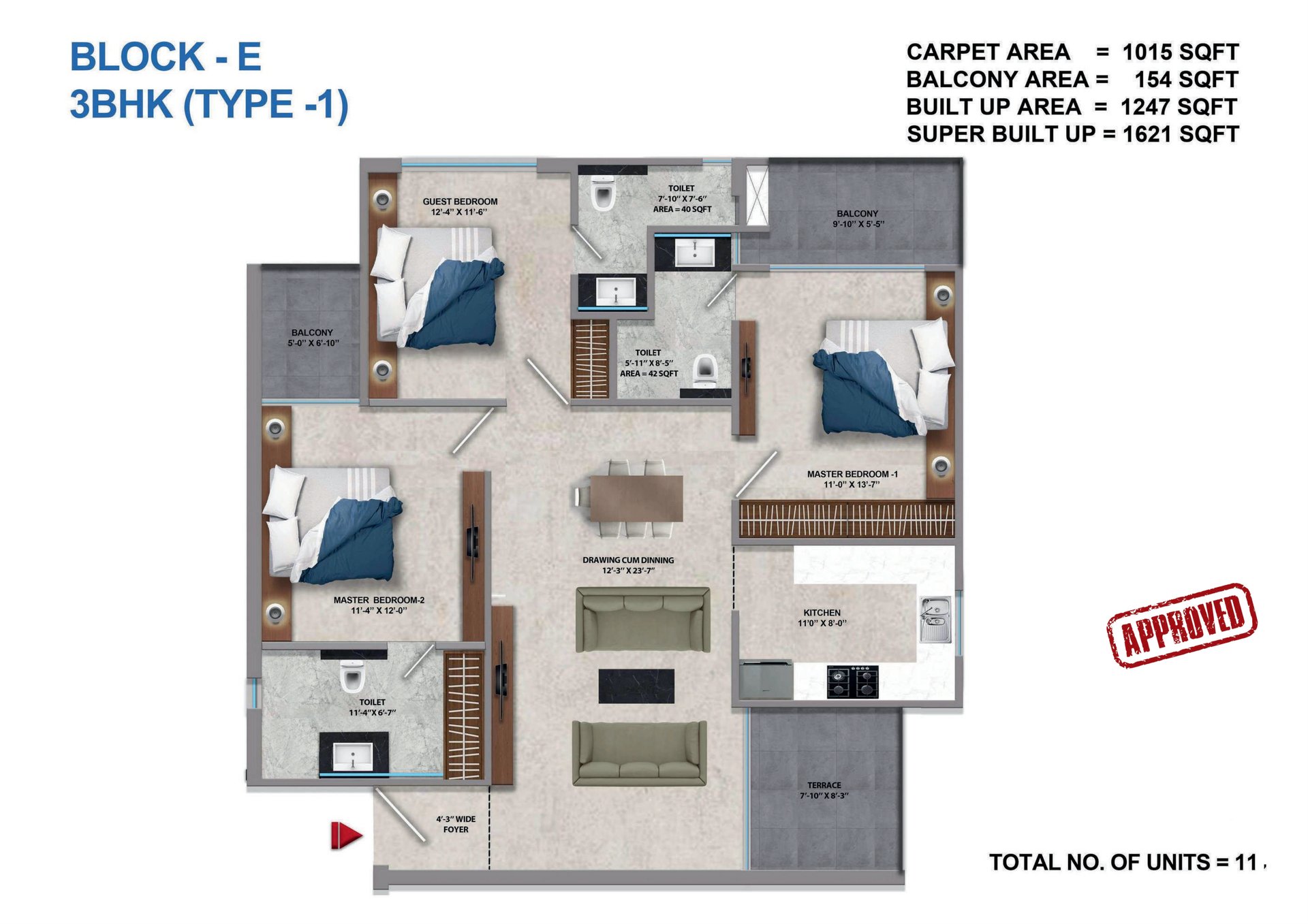 Tara Devi's Enclave Phase 1 3 BHK Type 1, Block E: super (1,015 sq ft carpet) floor plan
