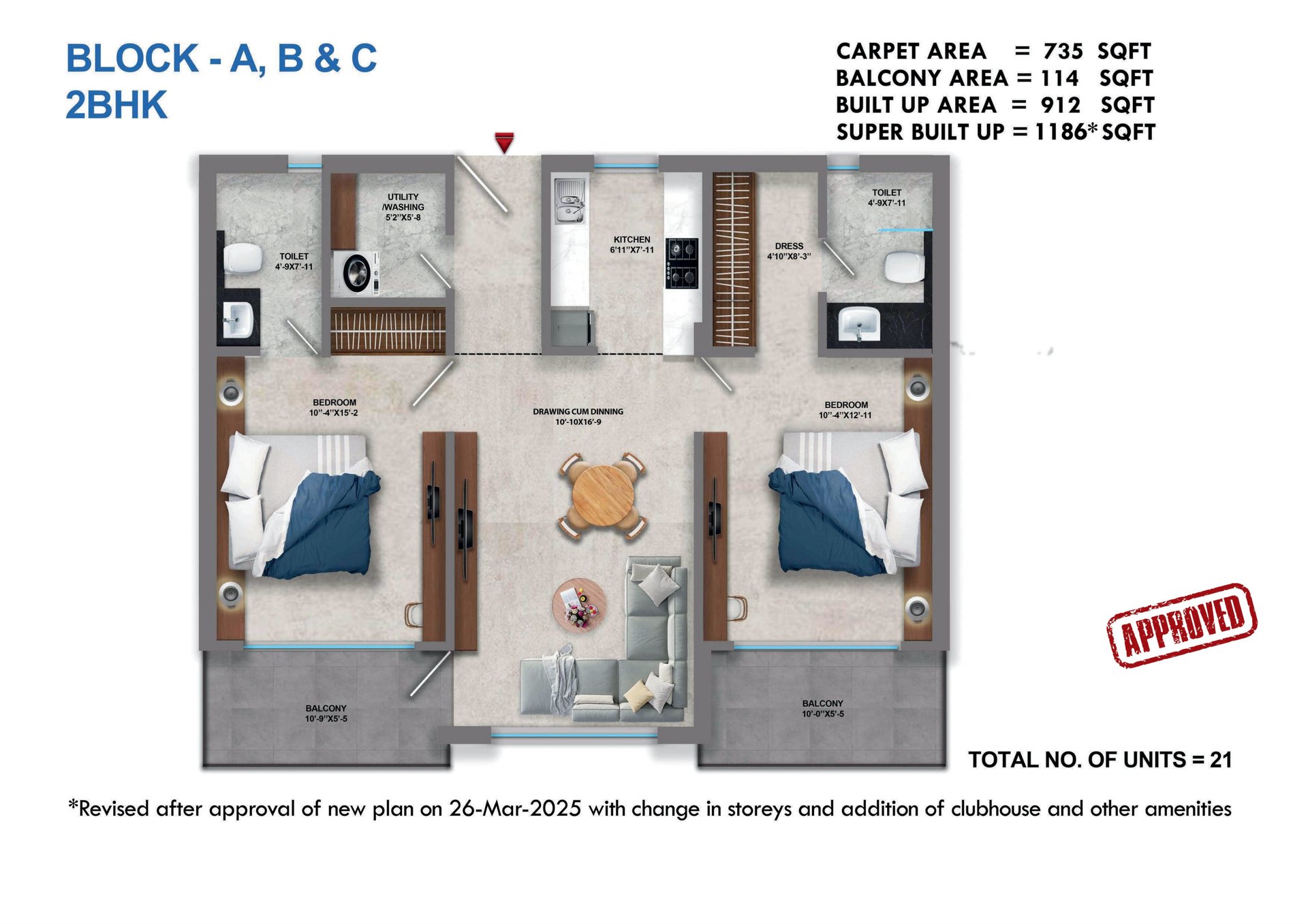 Tara Devi's Enclave Phase 1 2 BHK, Blocks A, B & C: super (735 sq ft carpet) floor plan