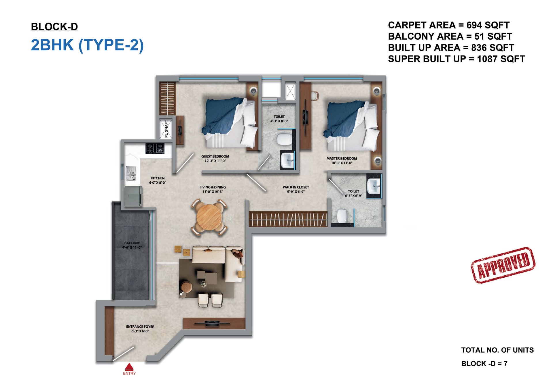 Tara Devi's Enclave Phase 1 2 BHK Type 2, Block D: super (694 sq ft carpet) floor plan