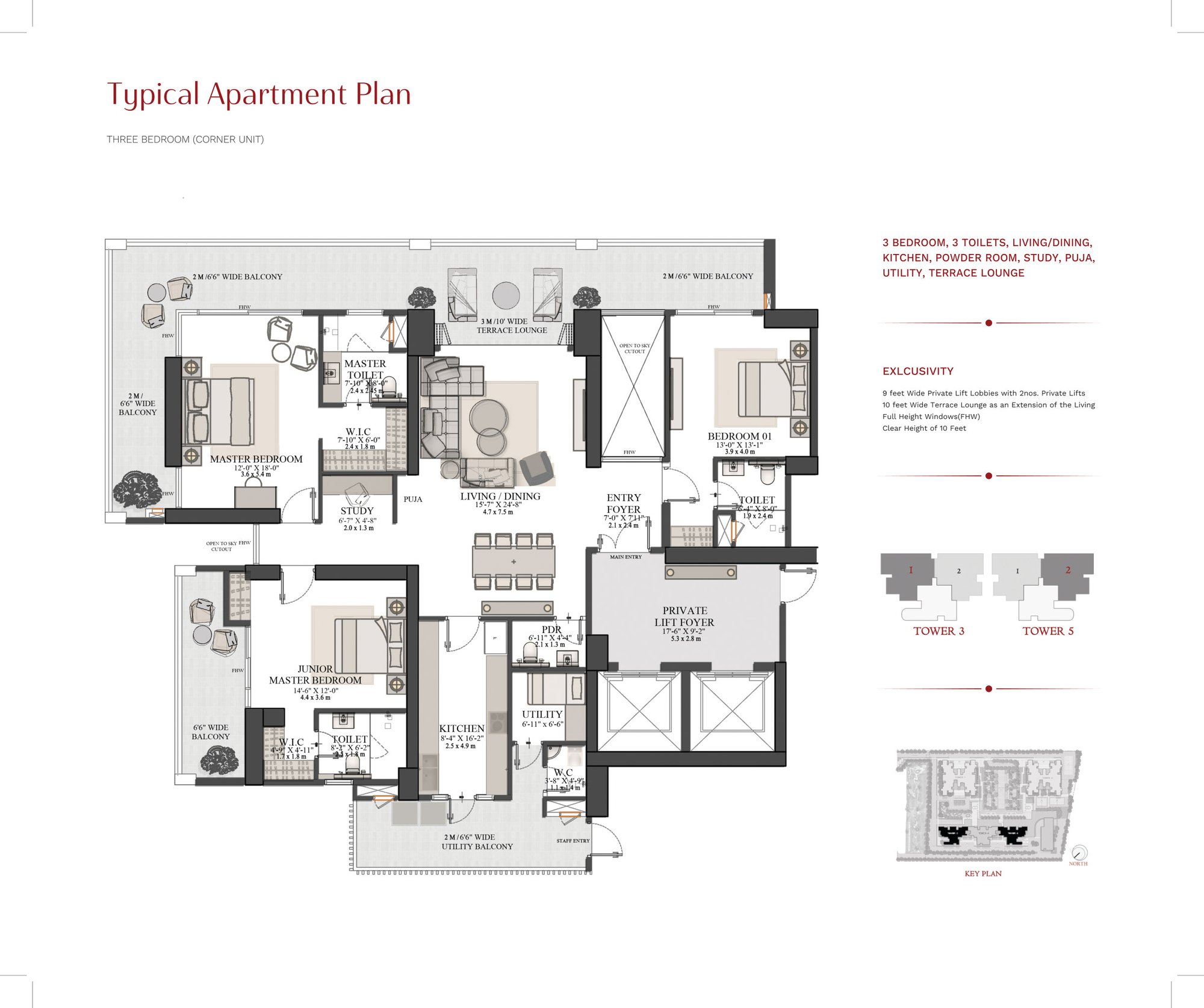 TARC Kailasa 3 BHK corner unit - Towers 3 & 5 floor plan