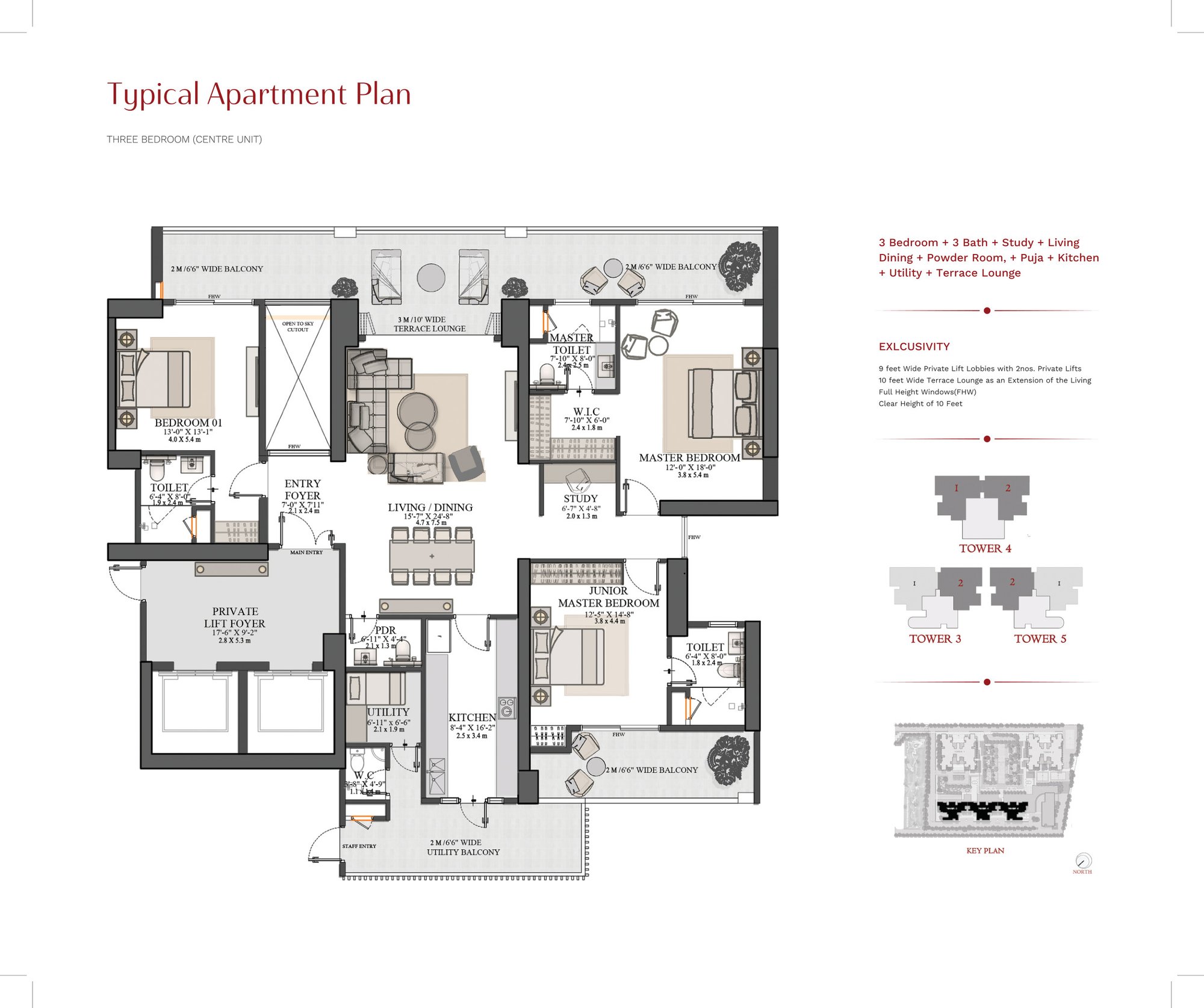 TARC Kailasa 3 BHK centre unit - Towers 3, 4 & 5 floor plan