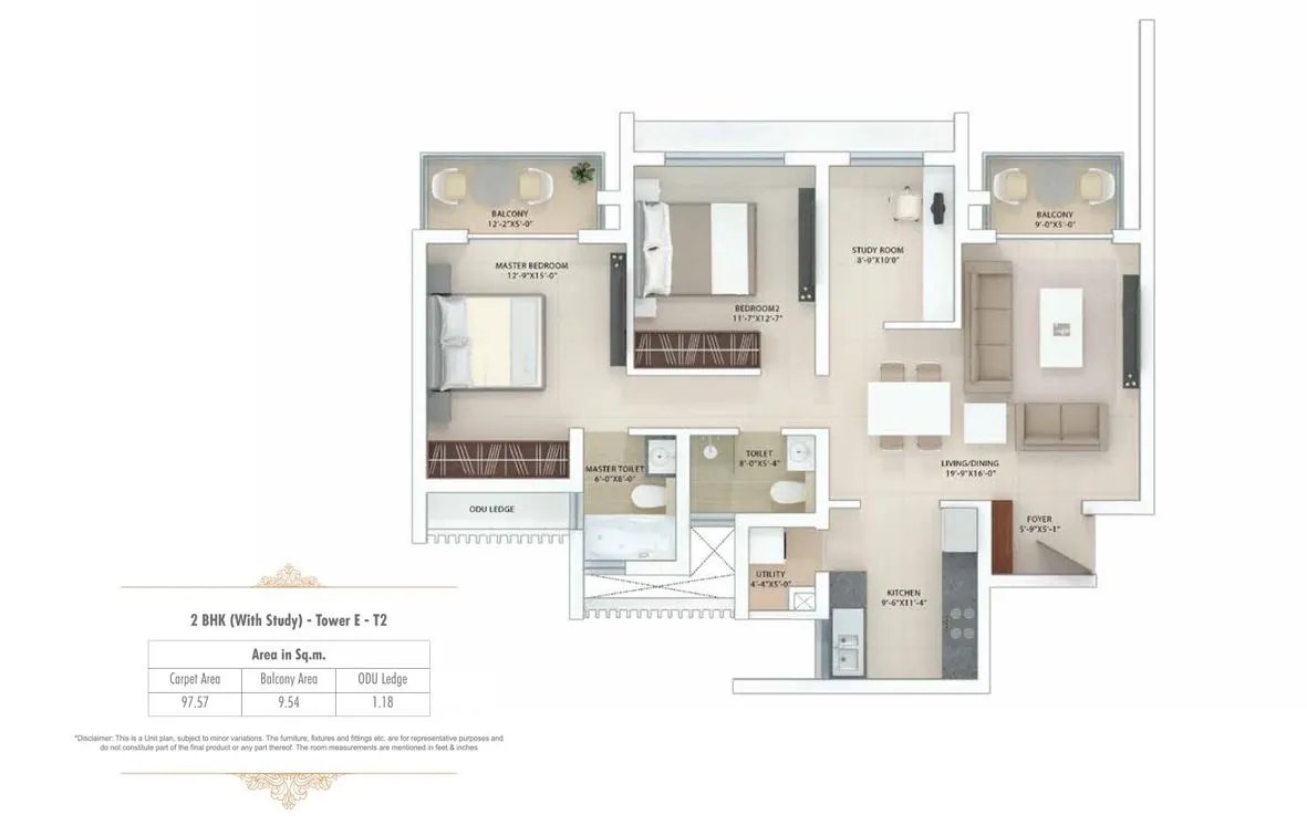 Tata Gurgaon Gateway 2 BHK + Study - super (97.57 sq.m carpet) floor plan