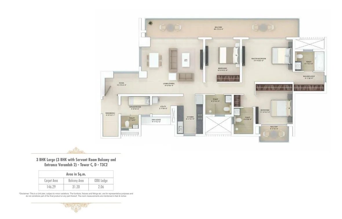 Tata Gurgaon Gateway 3 BHK + Servant + Double Height Deck Balcony - 2,870 to super (146.29 sq.m carpet) floor plan