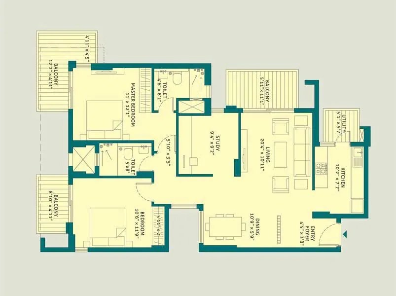 Tata La Vida 2 BHK + Study floor plan