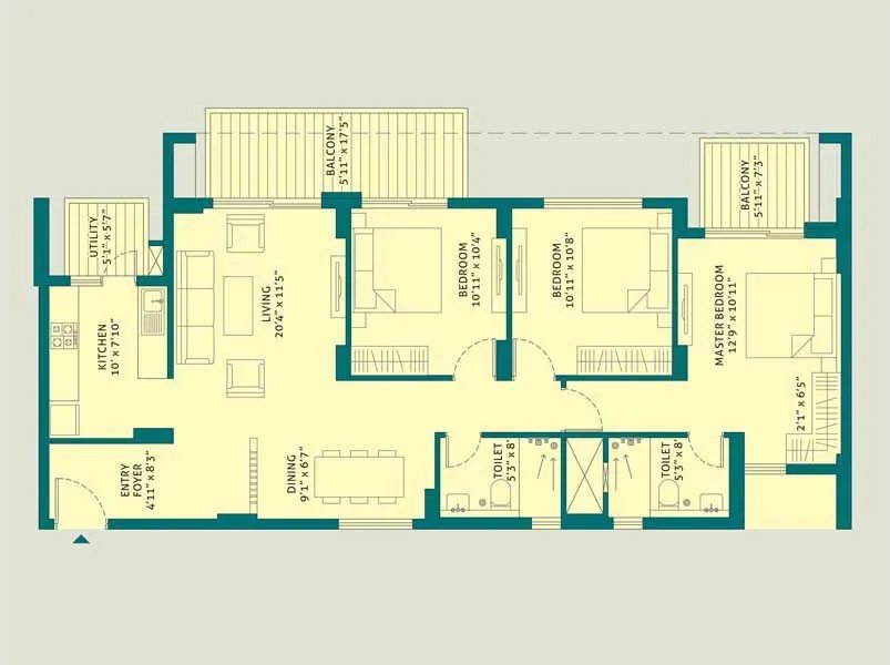 Tata La Vida 3 BHK Compact floor plan