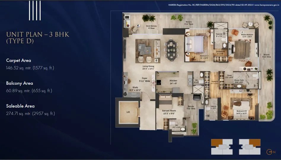 Trevoc Royal Residences 3 BHK Type D - saleable floor plan