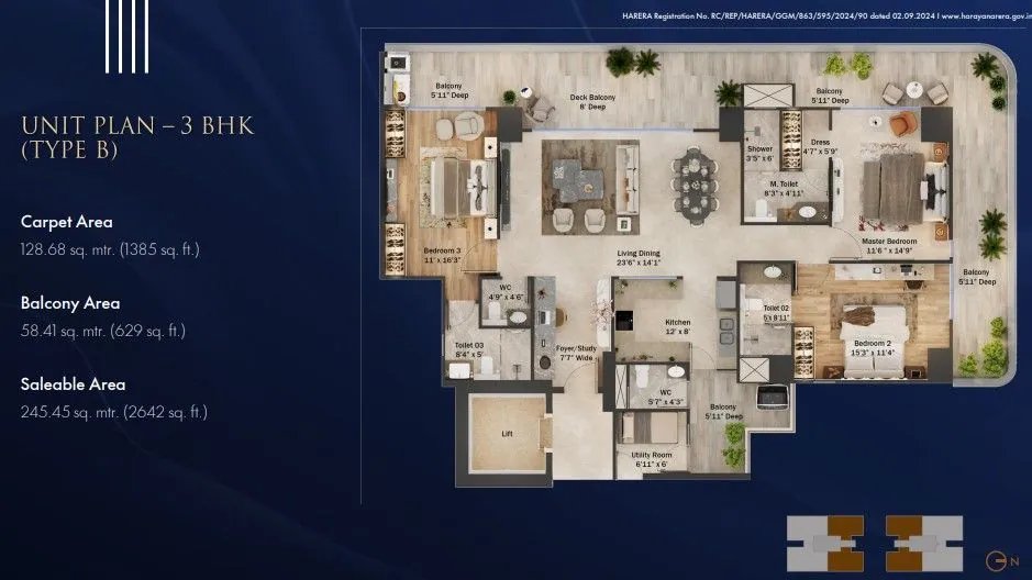 Trevoc Royal Residences 3 BHK Type B - saleable floor plan