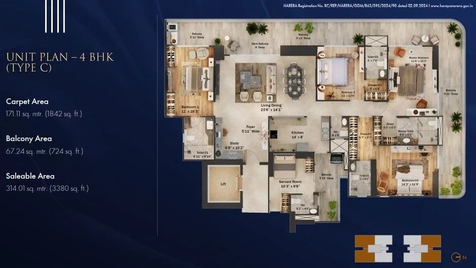 Trevoc Royal Residences 4 BHK Type C - saleable floor plan