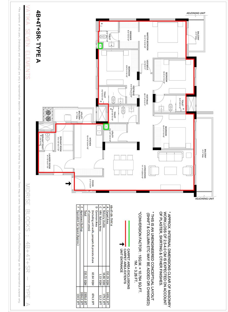 Vatika Seven Elements 4 BHK + Servant, mid-rise (Type A) floor plan