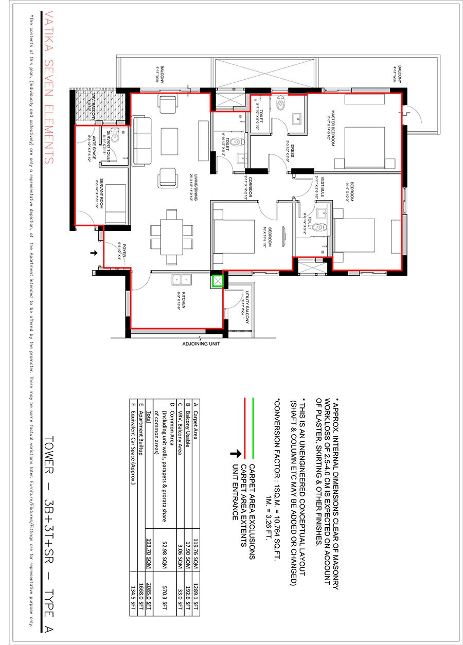 Vatika Seven Elements 3 BHK + Servant (Type A) floor plan