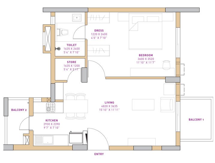Vatika The Seven Lamps 1 BHK floor plan