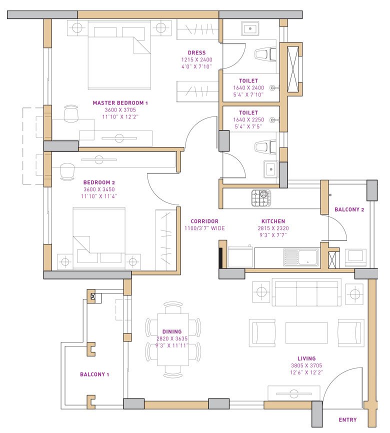 Vatika The Seven Lamps 2 BHK floor plan